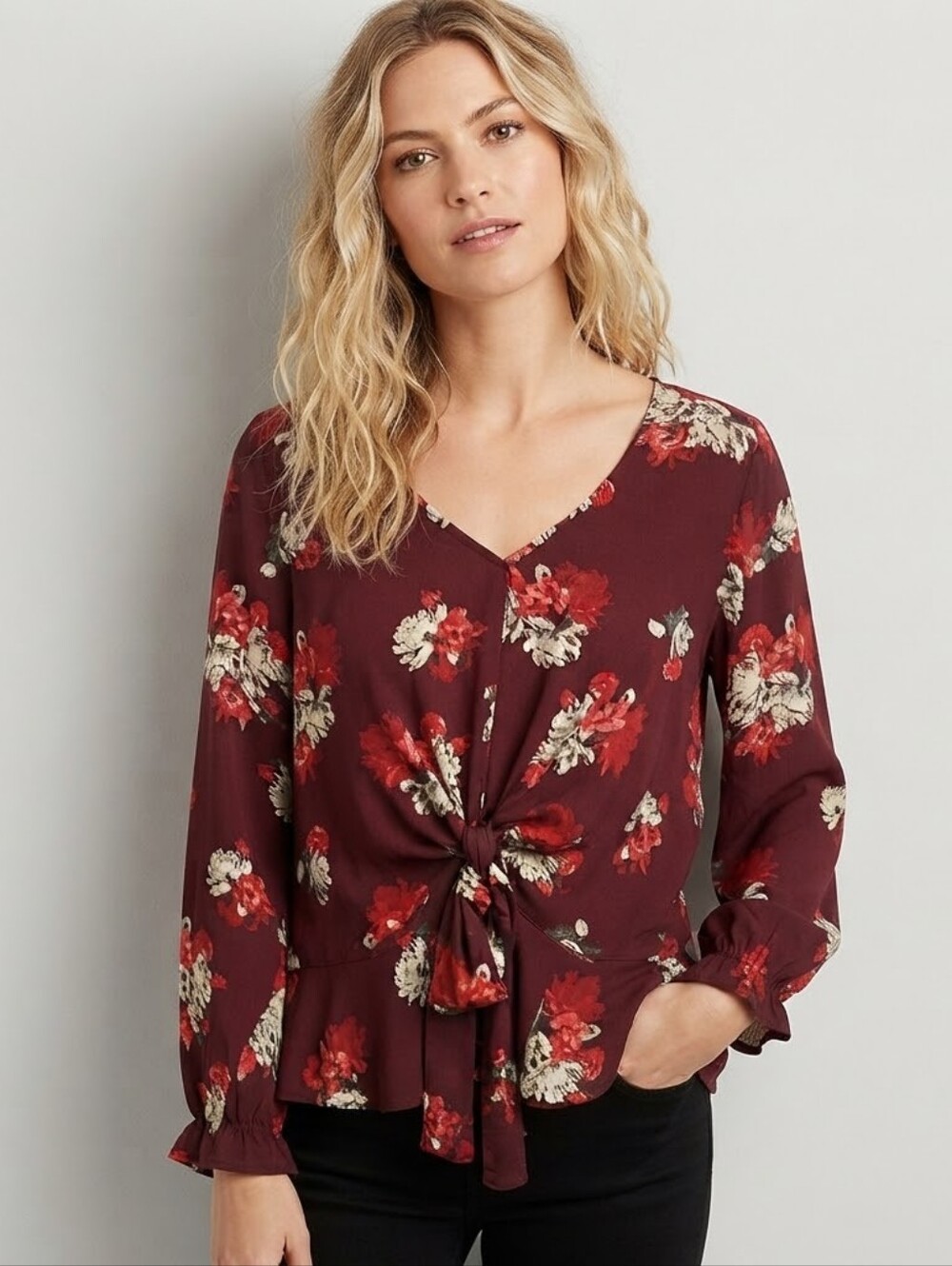 Maurices Burgundy Maroon Floral Tie Front Blouse Top XL Long Sleeve Boho